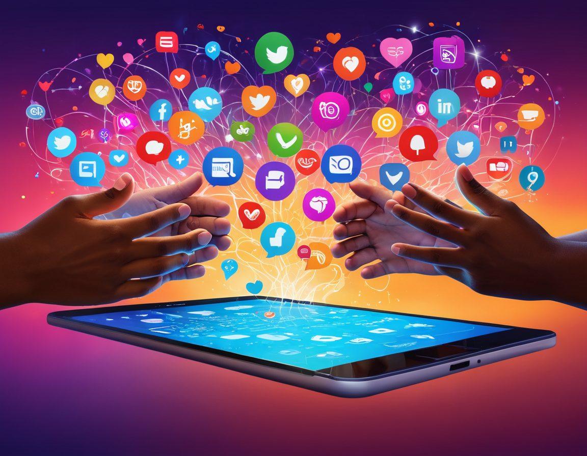A vibrant digital collage illustrating a diverse group of people engaging in a lively community event, with a backdrop of interconnected social media icons and a glowing online journal at the center. Include elements like hands reaching out, hearts, and speech bubbles symbolizing communication and connection. Bright colors and an inviting atmosphere to inspire engagement. super-realistic. bright colors. digital art.