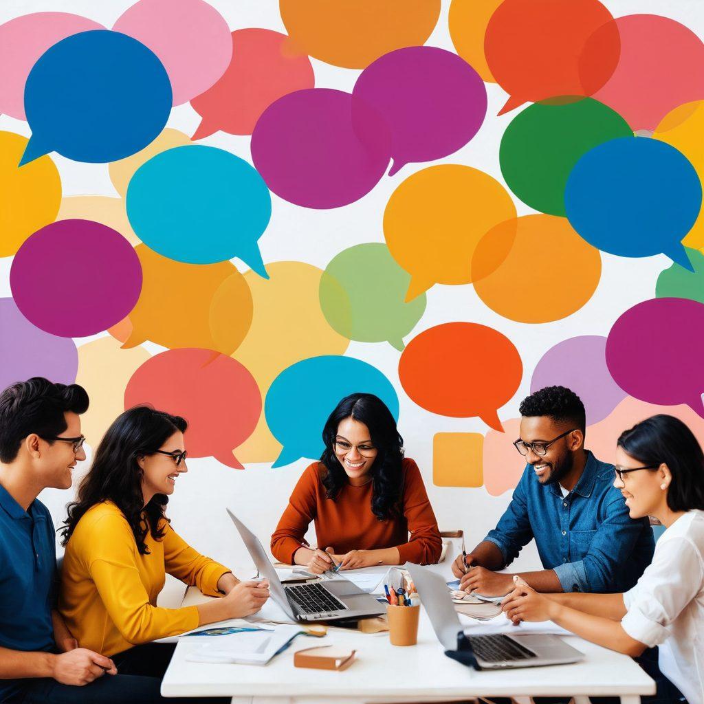 A vibrant and dynamic scene illustrating a diverse group of individuals joyfully engaged in creative activities—writing, painting, and discussing ideas—surrounded by colorful speech bubbles representing their blog posts. In the background, a digital world map symbolizes community connections across borders. The atmosphere is warm and inviting, showcasing the power of personal blogging in uniting people. super-realistic. vibrant colors. soft focus.