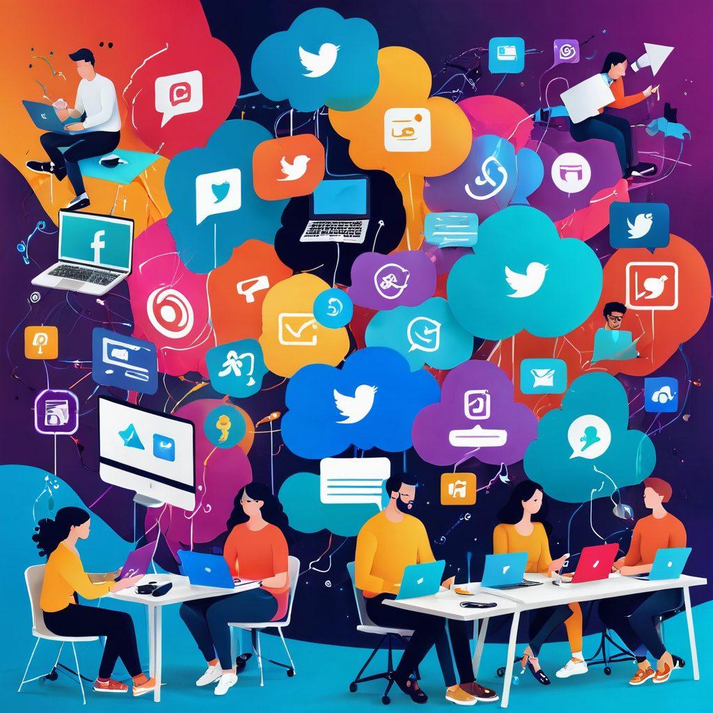 A vibrant collage depicting a diverse group of digital content creators engaged in various activities, such as writing, filming, and networking, with abstract digital elements flowing around them. Include icons of social media, laptops, and cameras in the background, symbolizing connectivity and creativity. The scene should be set in a dynamic workspace filled with energy and inspiration. colorful. 3D. bright colors.